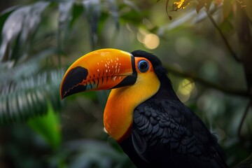 Fototapeta premium A beautiful toucan in the Brazilian ecosystem within the Amazon rainforest. Close-up of exotic toucan under cinematic lighting.