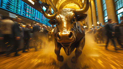 Bull Market - Bull running across floor of stock exchange - up stock market - stock prices increasing - close-up shot  - obrazy, fototapety, plakaty