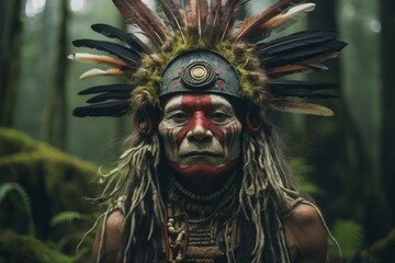 Enigmatic Shaman person. Tribal forest man. Generate Ai