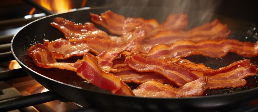 Pork bacon sizzling in a skillet on the stove, a flavorful ingredient for breakfast dishes. A delicious meat product being cooked on the stovetop