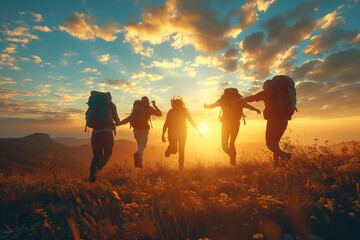 Grupo de amigos disfrutando del verano, desde una montaña, corriendo, vistas increíbles, amanecer, atardecer. Cielo con mucho sol. Haciendo senderismo, deporte y estilo de vida saludable - obrazy, fototapety, plakaty