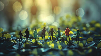 Miniature people on a leaves bed with one individual in red standing out from the crowd. Bokeh background.