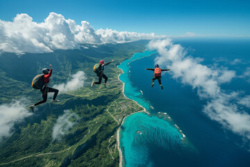 Gente practicando paracaidismo, saltando en paracaídas, cielo lleno de parapentes, deporte de...
