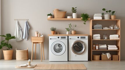 Modern laundry room interior, front-loading washing machine, organized shelves with essentials in background - obrazy, fototapety, plakaty