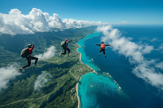 Gente practicando paracaidismo, saltando en paraca&iacute;das, cielo lleno de parapentes, deporte de riego lleno de adrenalina, disfrutando del verano, vista desde arriba, grupo de amigos, cielo y mar.