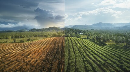 A before and after comparison of a lush forest transformed into agricultural land, showcasing the stark impact of deforestation. - obrazy, fototapety, plakaty