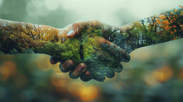 A close-up of a handshake, one hand representing human development and the other nature, negotiating deforestation impacts.
