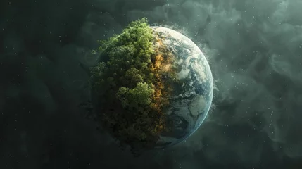 Fotobehang A conceptual image of Earth showing half covered in forests and half barren, depicting global deforestation impacts. © Kanisorn