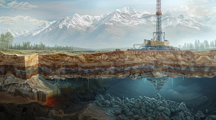 Fotobehang A depiction of Earth's layers reveals gas reserves being extracted by drilling gear for resources. © Kanisorn