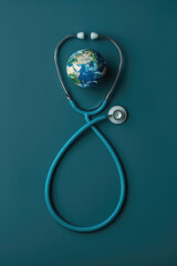 World Health Day. Global Health Awareness concept. Globe inside stethoscope. Green Earth day concept.