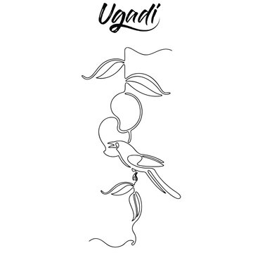 ugadi festival single line drawing vector with mangoes