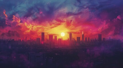 Fototapeta premium A cityscape backdrop enhances the dramatic sunset's vivid colors, intensified by particles and heat haze.