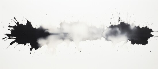 This black and white composition showcases hand-painted ink splatters on a clean white paper,...