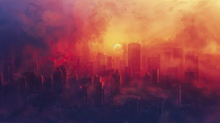 A vibrant cityscape silhouetted against a dramatic sunset, colors vividly enhanced by particles and heat-induced haze.