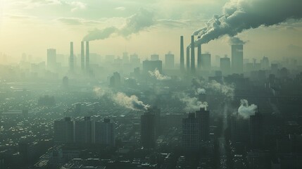 A cityscape of the future with renewable energy replacing smokestacks, showcasing a shift to net zero emissions.