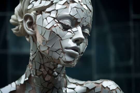 Broken Shattered statue woman. Crumbling and breaking female silhouette. Generate ai
