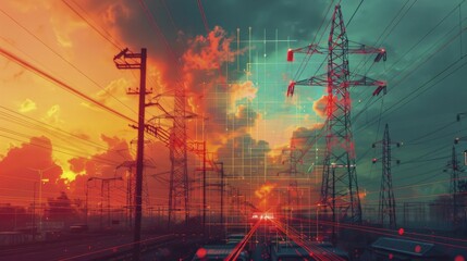 A power grid with overload warnings during a heatwave, representing the increased demand for electricity and air conditioning. - obrazy, fototapety, plakaty