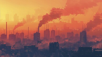 A scene depicting the health effects of air pollution from fossil fuels on urban populations.