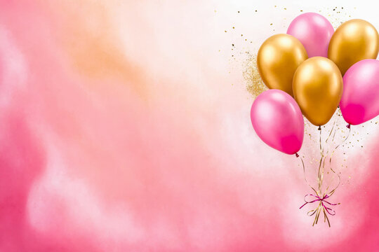 Gold and pink foil balloons on a pastel pink background with copy space. Modern watercolor background or elegant card design for birthday invite or wedding with golden splashes. 