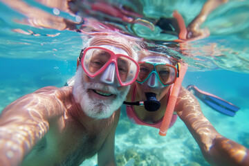 Close-up of a senior couple taking an underwater selfie, their expressions full of delight as they explore the vibrant marine world.