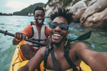 A young couple beams with happiness in a selfie as they navigate the calm waters on a kayaking...