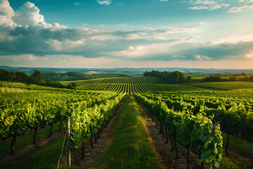 Fototapeta na wymiar A line of vines against cloudy sky in a rural field