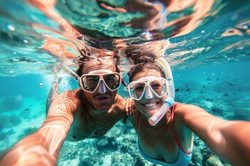 A young couple captures their shared excitement with a vivid underwater selfie amidst the stunning marine scenery. - obrazy, fototapety, plakaty