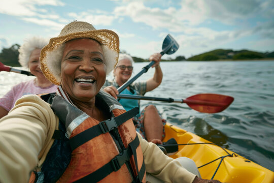 An elderly woman in a sunhat leads a group kayak, her radiant smile capturing the essence of shared adventures and the beauty of nature.