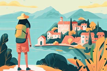 An illustration of a tourist gazing at a colorful, tranquil seaside village under a golden sky, evoking a sense of wanderlust and peace.