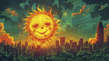 A sun with a mischievous face hangs over a sweating city, adding a whimsical touch to the serious subject of heatwaves.