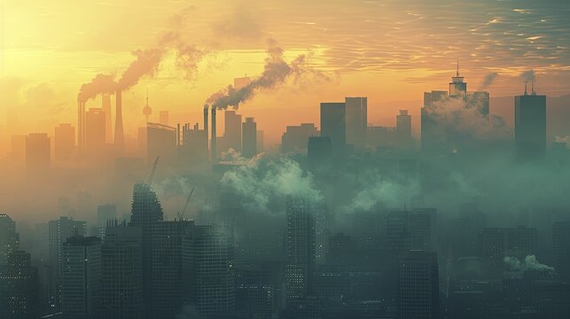 A stark image of smog over a city skyline reveals air pollution due to burning fossil fuels.