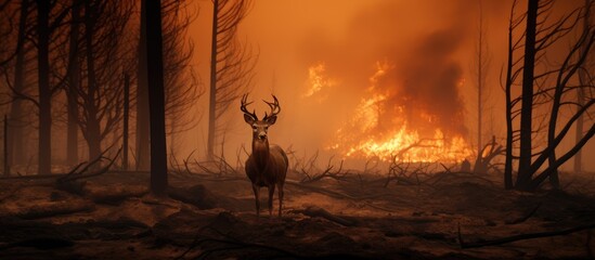A deer stands in front of a blazing forest fire, the intense heat creating a dramatic atmosphere in the sky. The flames dance through the landscape, creating a surreal artlike event