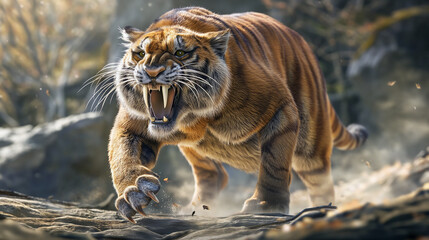 Saber-toothed tiger (lat. Smilodon fatalis) a cat that lived in North America, ai generative