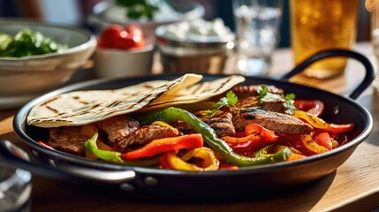 Fajitas with vegetables, a plate of food with meat and vegetables on a table