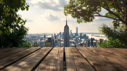 Fototapeta na wymiar Serene urban oasis: wooden deck overlooking the new york city skyline with lush greenery on a sunny day. ideal for digital backgrounds and creative projects. AI