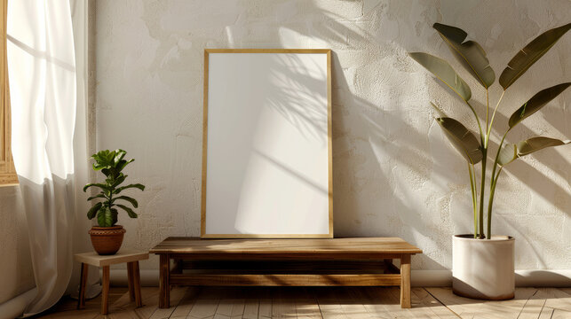 Blank picture frame and lamp on wooden table. Generative AI