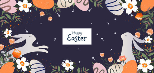 Happy Easter banner. Trendy easter design with typography, easter rabbit, eggs, leaves, floral bouquets, spring flowers compositions. Poster, greeting card, invitation, header or cover for website.