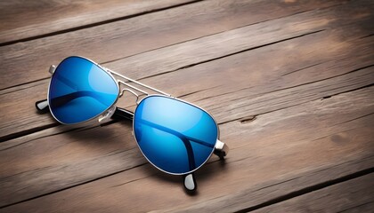 Fototapeta na wymiar blue pilot sunglasses macro isolated on old wood background