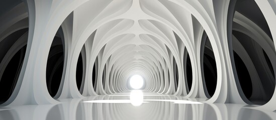 A tunnel with a light at the end, showcasing a gothic smooth interior in black and white tones. The light at the end creates a focal point leading the eye towards the exit.