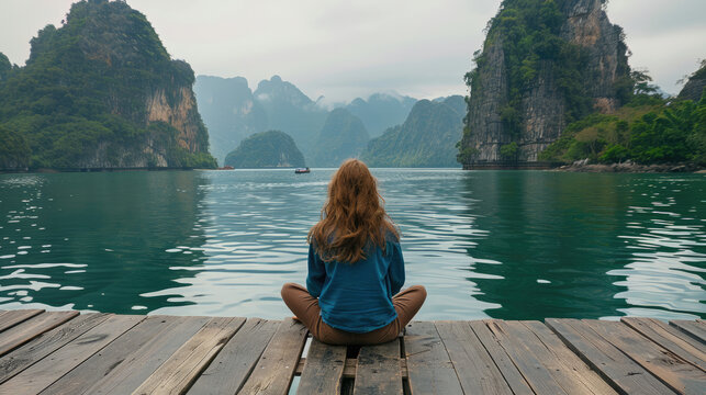 Tourist girl against the backdrop of mountain peaks and the coasts of Asia