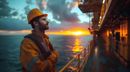 Ingenieur auf einer Ölplattform im Sonnenuntergang, Facharbeiter in einem harten Job, Konzept Energiegewinnung und Bohrinsel