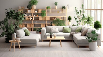 interior of contemporary living room with grey sofas and green houseplants