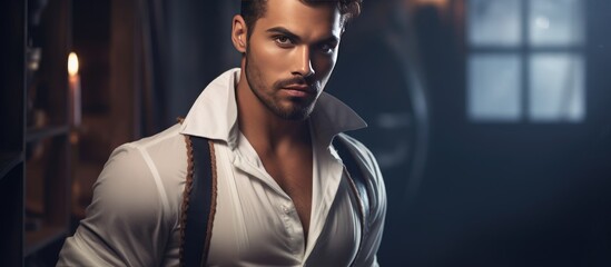 A young, attractive man with a sexy body poses confidently in a studio environment, wearing a crisp white shirt and stylish suspenders.