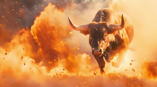 Flaming Bull Charging in Business Bull Market Concept
