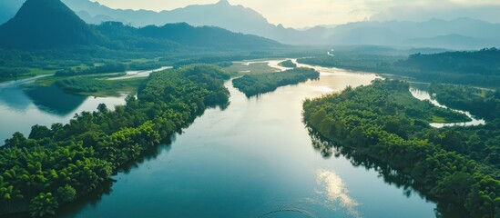 Aerial view beautiful scenery river in tropical green forest with mountains background. AI generated