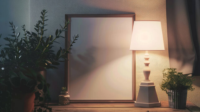 Picture frame on a shelf with lamp. 3d rendering. Generative AI