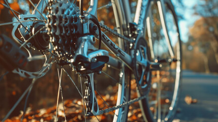 Detail view on a gear system of a racing bike riding on a bicycle path in the country. Generative AI