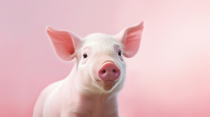 Portrait of a baby pig isolated on a pink background