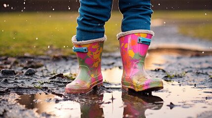 Feet of a child in vibrant rubber boots joyfully leaping over a playful puddle, showcasing happiness, fun, adventure, exploration, outdoor activity, and the simple joys of childhood.