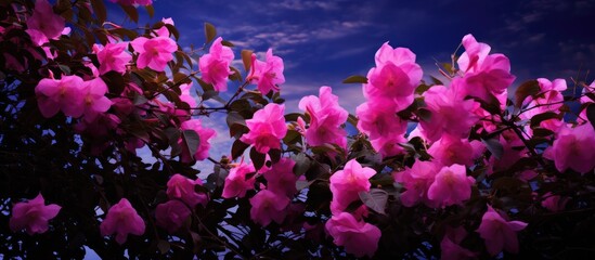 A terrestrial plant with pink petals blooms on a tree against a vibrant blue sky, creating a...